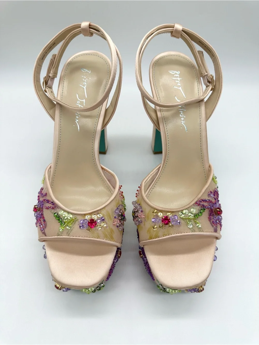 Betsey Johnson Viven Beaded Floral Platform Sandals Nude Teal Size 10 NWOB